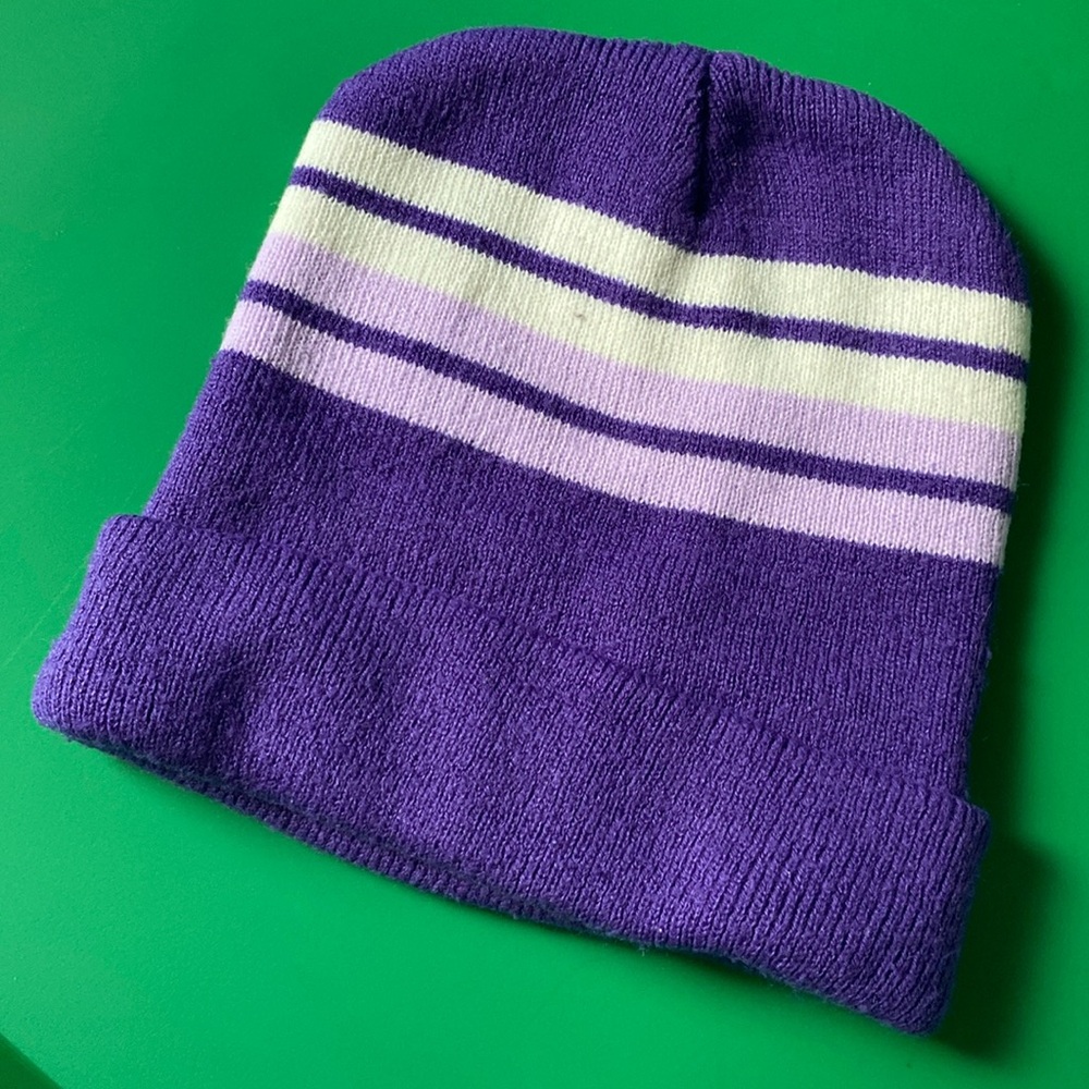 Purple and white vertical stripe beanie
